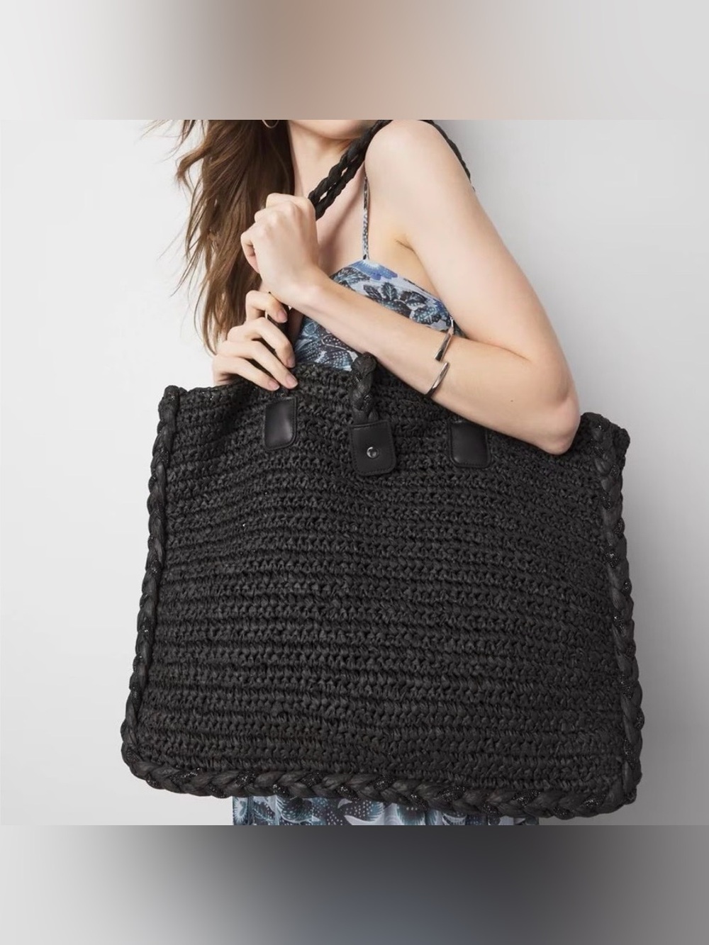 White House Black Market Raffia braided embellished Tote Bag in Black - Picture 2 of 14